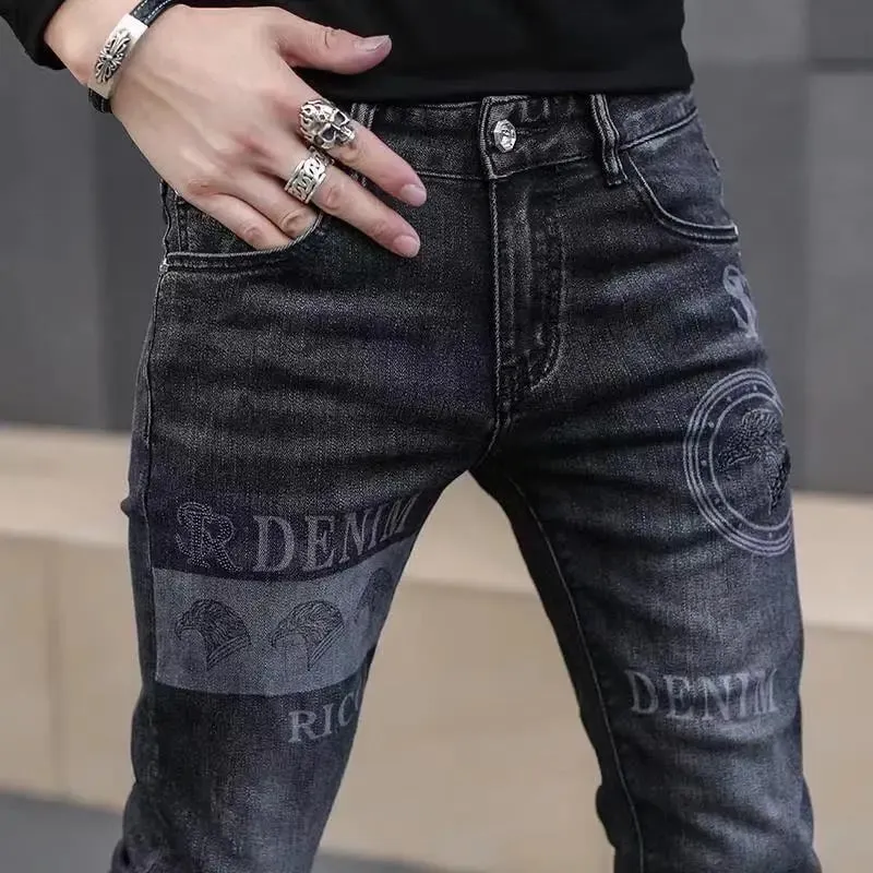 High End Elegante Clássico Distintivo Impresso Preto Stretch Denim Jeans para Homens de Alta Qualidade Slim Fit Stretch Calças Jeans de Luxo