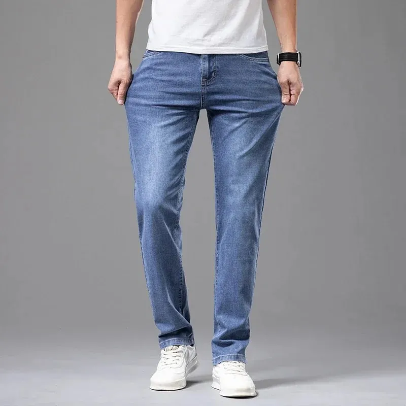Verão fino masculino elástico algodão jeans moda cinza confortável negócios em linha reta calças casuais marca roupas masculinas