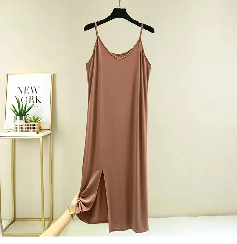Vestido feminino modal completo deslizante, roupa íntima, alça longa, sólida, camisola, anágua interna, íntima