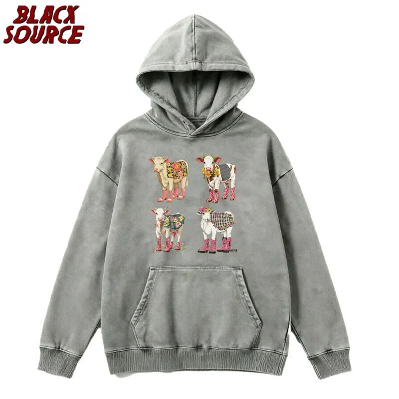 T078 Cute Cartoon Cow Print Hoodie, Washed Neutral Style Pullover Sweatshirt, Fashion Trend Casual Streetwear Daily Wear