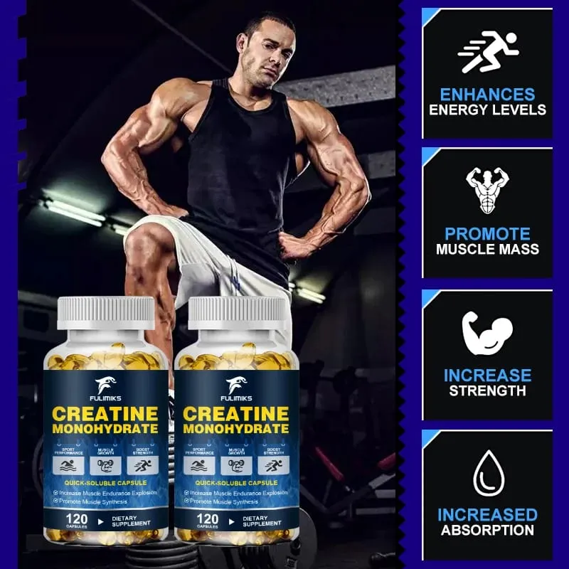 Cápsulas de monohidrato de creatina de alta potência 3000 mg apoiam o crescimento muscular, desempenho atlético, níveis de energia e academia diária