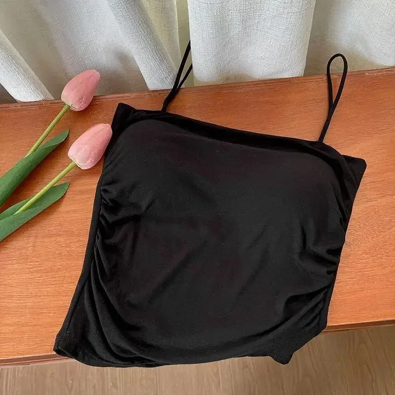 Sólido all-match plissado sling colete cinta almofada de peito roupa interior fino ajuste emagrecimento curto gyaru roupa exterior topo