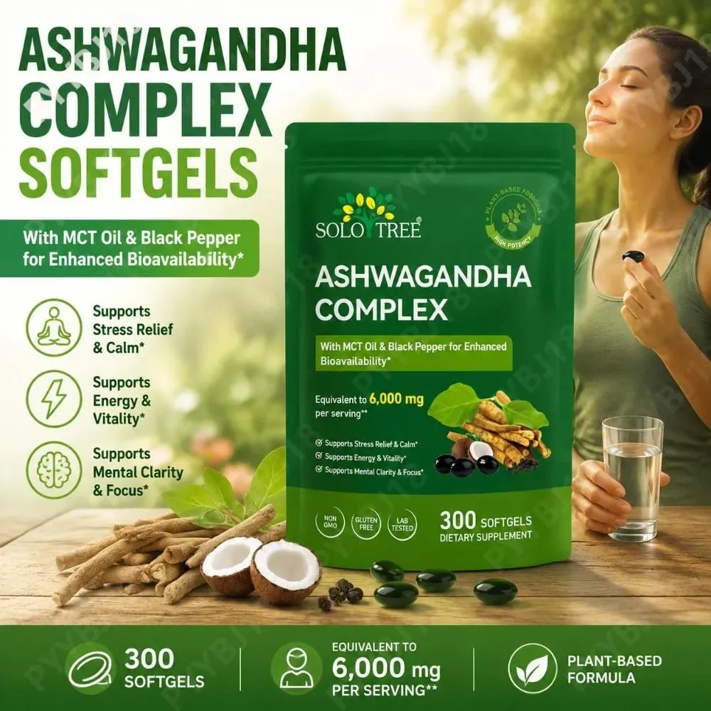 Solo Tree Ashwagandha Complex Softgels Suporta Alívio do Estresse Calma Clareza Mental Foco com Óleo MCT e Pimenta Preta 300 Softgels