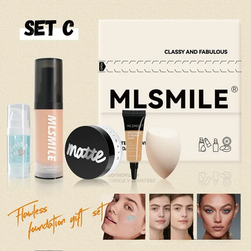 Conjunto de maquiagem facial tudo em um, base líquida em pó, primer e ovo para acabamento fosco de longa duração