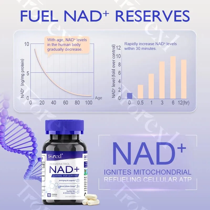 Suplemento NAD + Resveratrol NAD Plus Boosting - Apoia a Energia Celular Antienvelhecimento Metabolismo Saúde da Pele