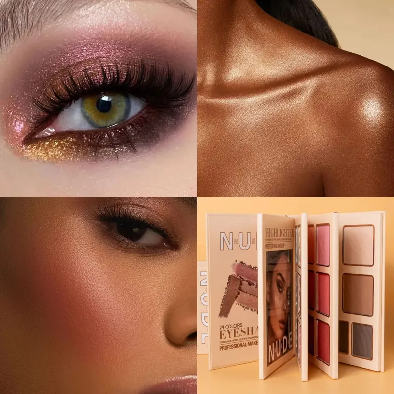 Kit de livro de maquiagem nude multifuncional multipáginas, sombra, blush, iluminador e paleta de pó para contorno