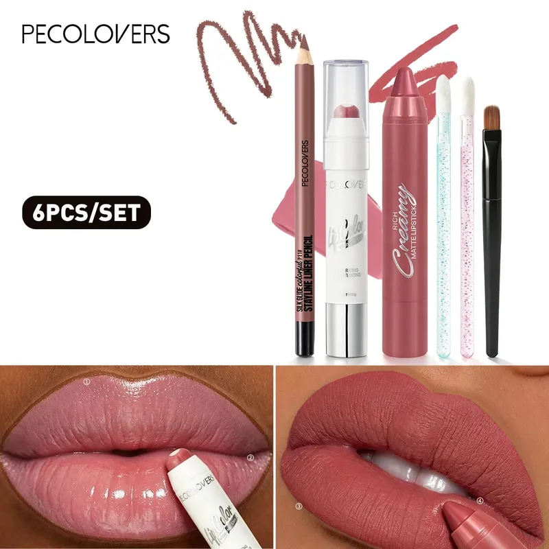 6 Pçs/set Conjunto de Maquiagem Labial - Linha Labial Precisa e Cor Completa Hidratante Semi-fosco Adequado para Maquiagem Diária e de Festa