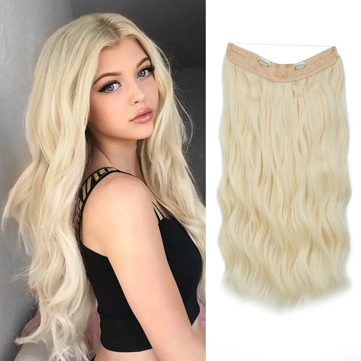 Fio invisível ondulado sintético com clipes, extensão de cabelo, linha de peixe, loiro natural, clipe em peça de cabelo falso