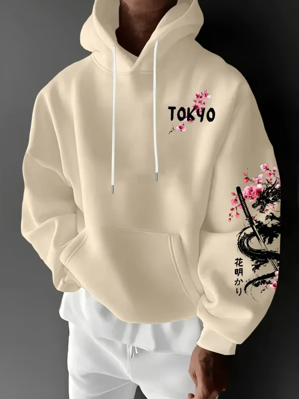 Men's anime-style dragon-patterned cherry blossom print hooded pullover for winter warmth loose and casual style