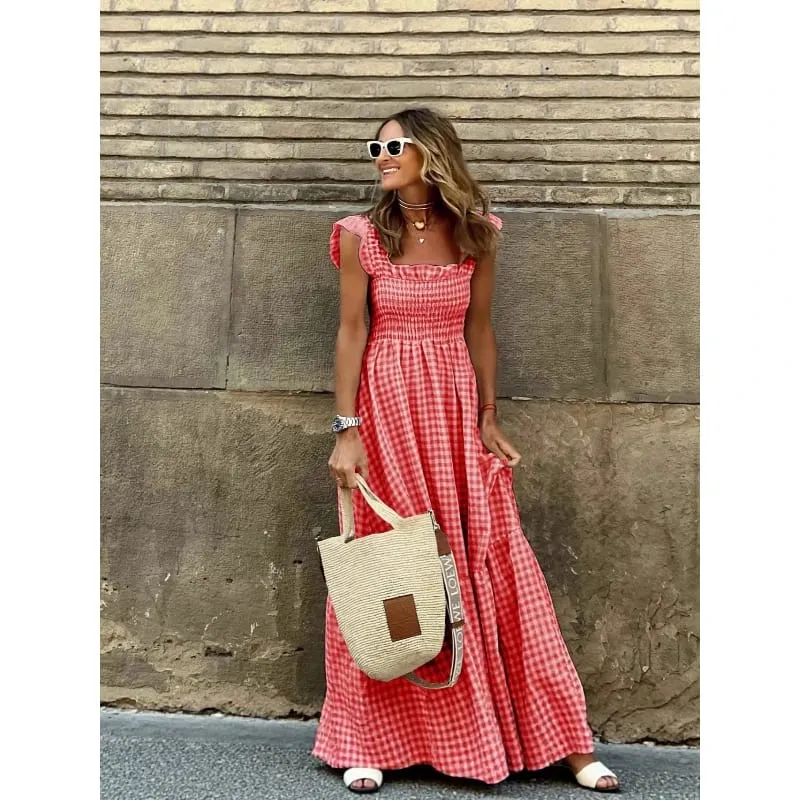 Elegant Temperament Plaid Patchwork Slip Boho Dress Summer Ruffle Backless Pleated Elastic Waist Swing Loose Party Dresses