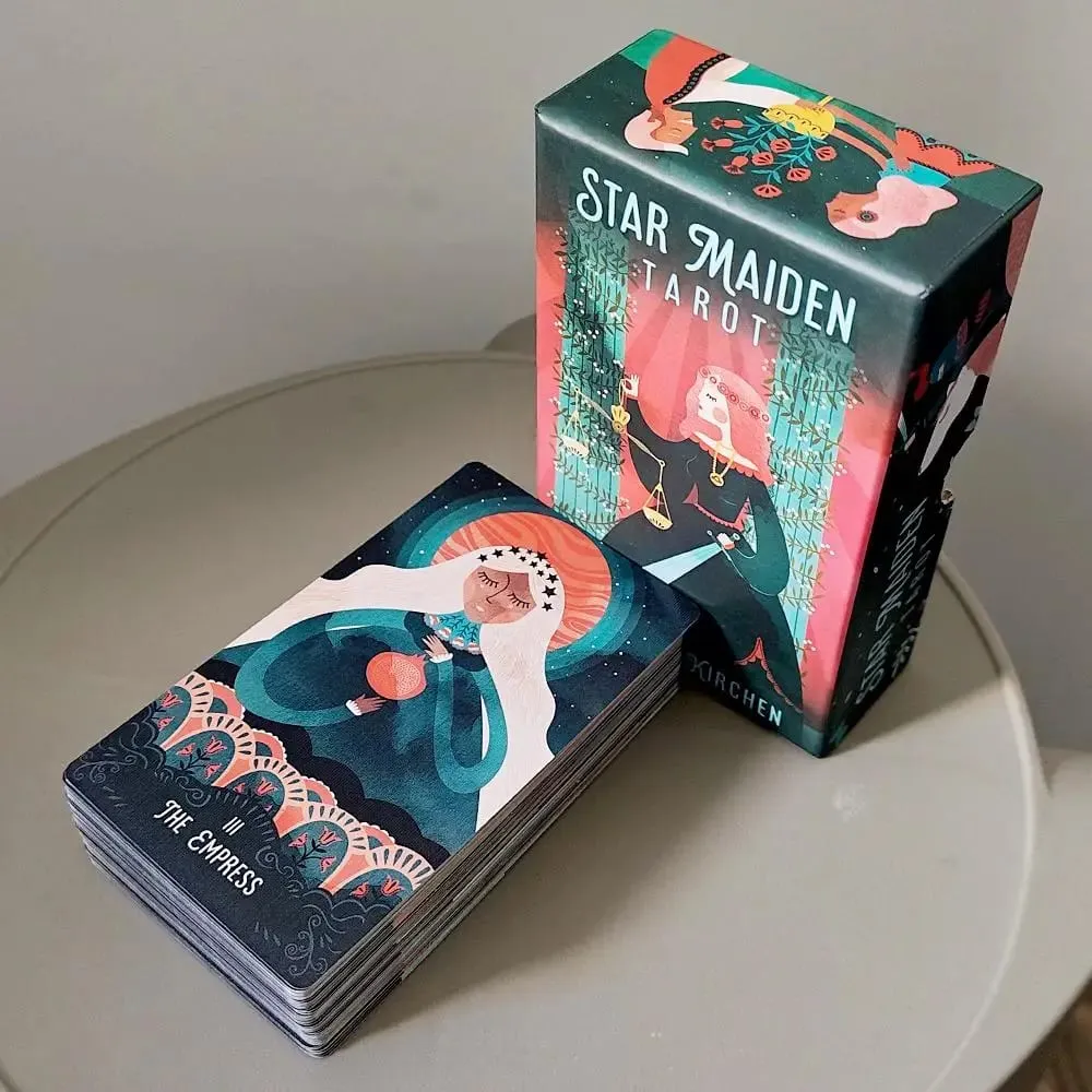 Baralho de tarô Star Maiden, 78 cartas, estético, celestial, divino, cartas de tarô em caixa rígida de duas peças, relevo duplo, 12 x 7 cm
