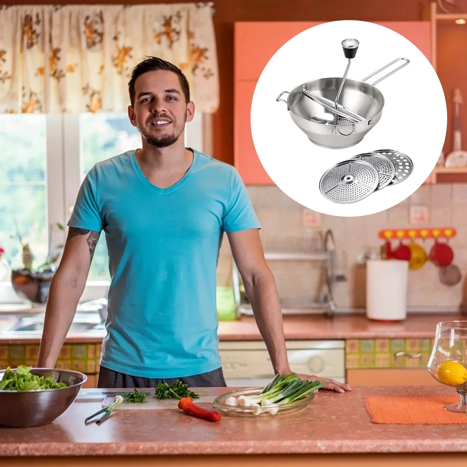 Moinho de alimentos rotativo inoxidável multifuncional, moinho de compotas com 3 discos, moedor manual de alimentos durável, lama vegetal — image 6
