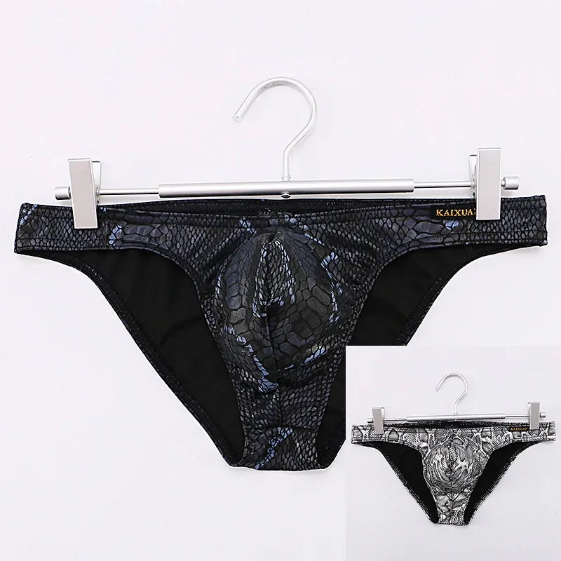 Cuecas masculinas estampadas de pele de cobra com bolsa de protuberância sexy cueca de biquíni confortável da marca WANGJIANG