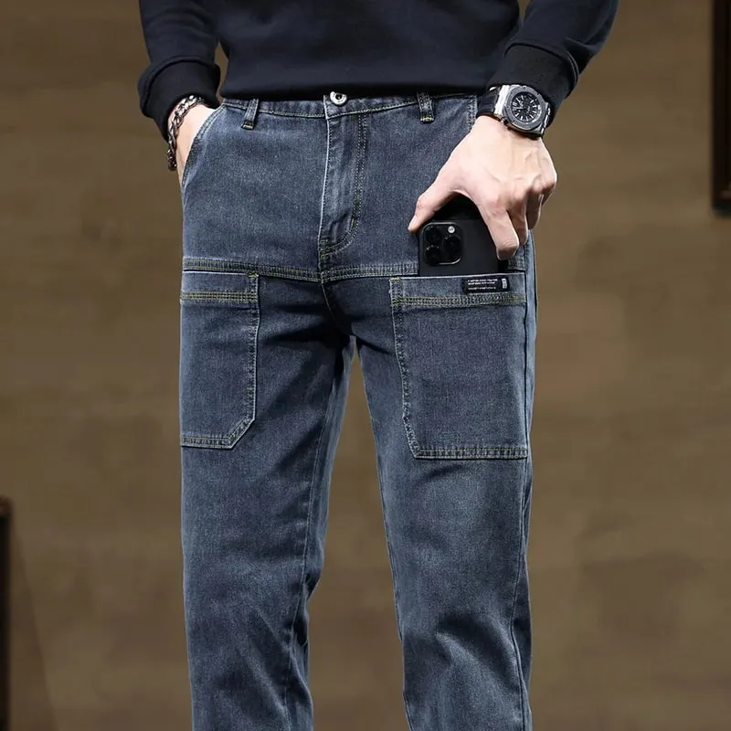 Versatile Six-Pocket Design Jeans Men's Loose Straight Leg Pants Stretchy Comfortable for Outdoor Hiking Activities All Seasons
