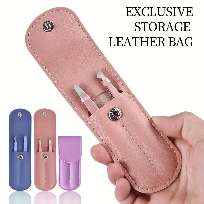 Conjunto de pinças profissionais com estojo de armazenamento, 2 peças, perfeito para remover lascas de pelos faciais e pelos encravados, clipe de sobrancelha