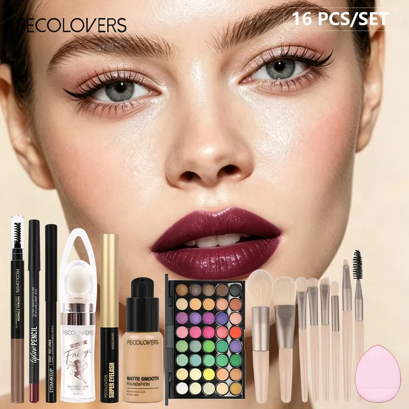 16 PÇS/SET Brilhante Multicolor Sombra de Longa Duração Primer Eye Lip Maquiagem e Pincéis de Maquiagem Suaves para Looks de Festa