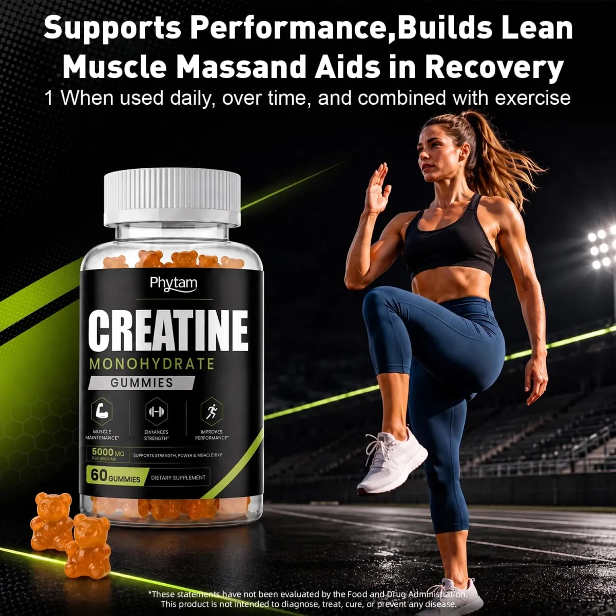5000mg Creatina Monohidratada Bear Gummies 60 Count Mastigável Suplemento Nutricional de Treino Diário Suporta Desempenho Atlético e Manutenção Muscular