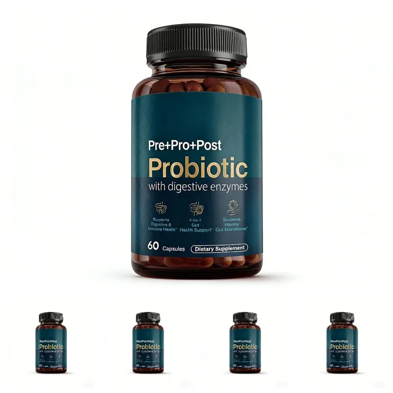 Enzimas digestivas probióticas pré-bióticas pós-bióticas premium 4 em 1 para homens e mulheres apoiam a imunidade à digestão intestinal 60 cápsulas