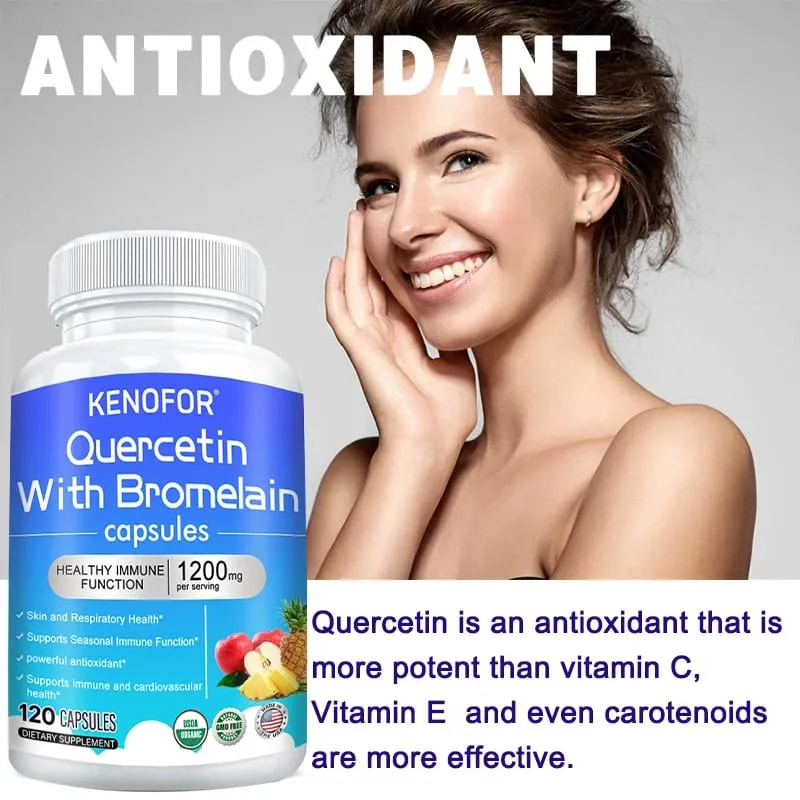 Cápsulas de complexo de quercetina + bromelaína 1200 mg - suporte imunológico e digestivo com vitamina C e D3 30/60/120 contagens