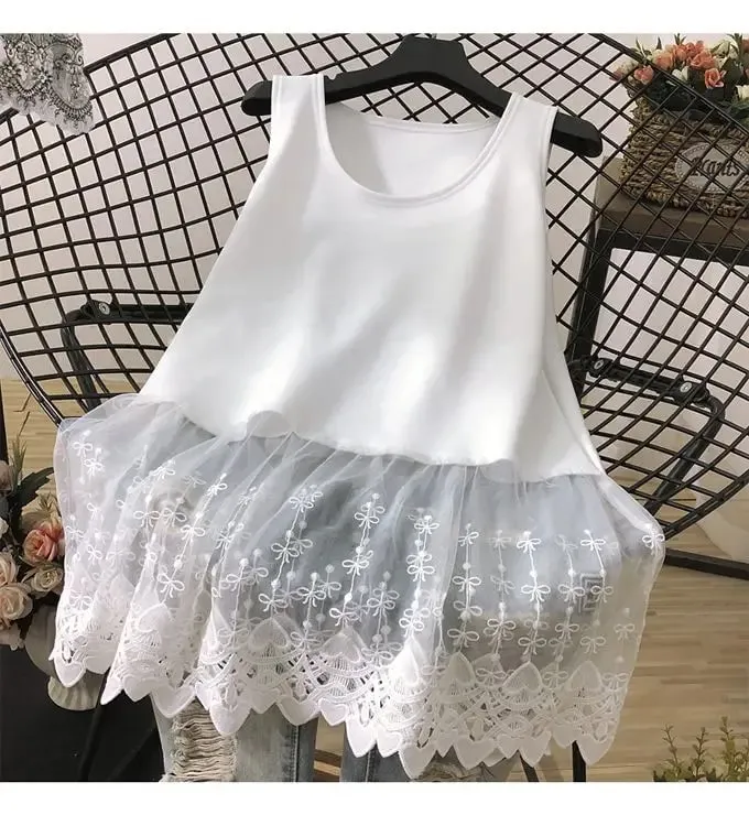 Rua casual rendas retalhos tanques verão nova sem mangas cor sólida solta juventude branco t camisa topos moda tendência roupas femininas