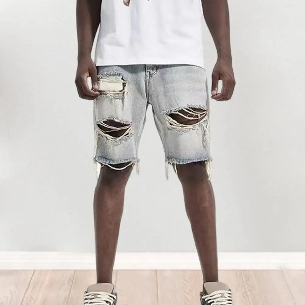 Homens verão angustiado denim shorts botão zíper voar multi bolsos jeans curtos ajuste reto rasgado buracos na altura do joelho angustiado — image 7