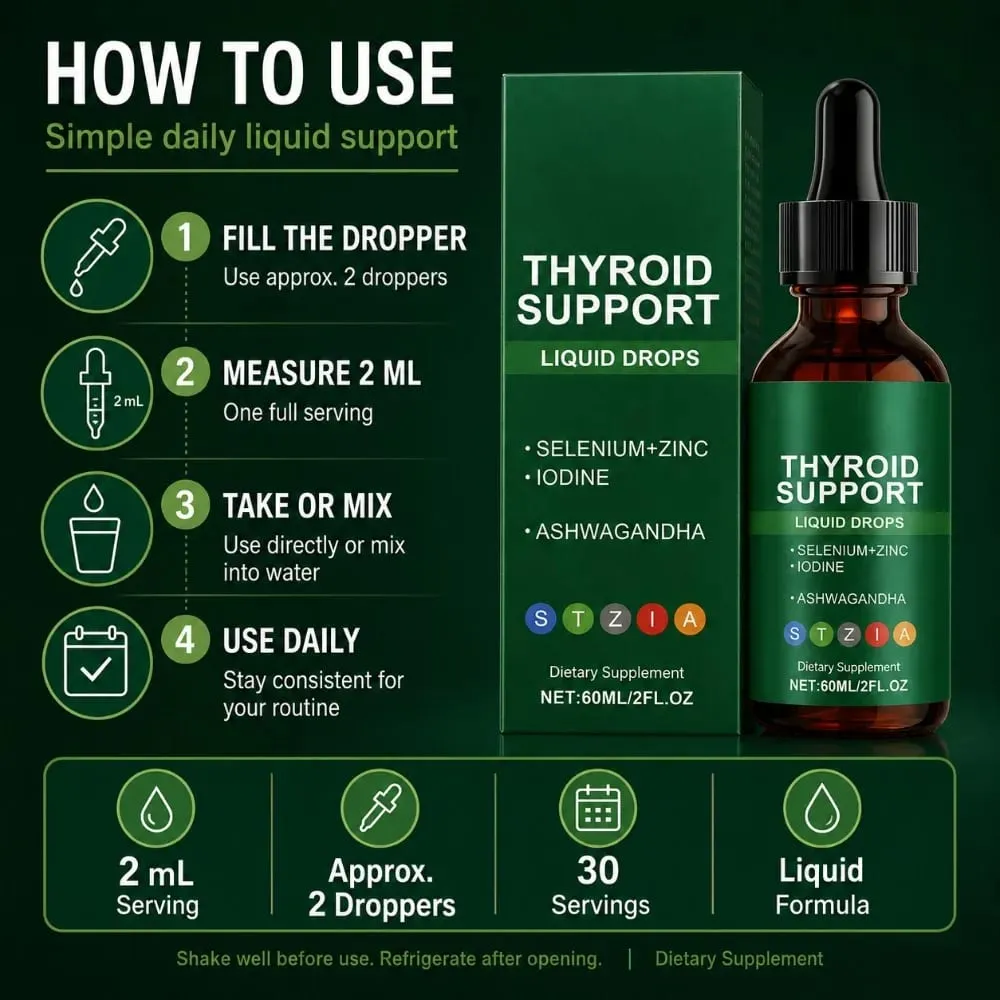 Docteat Gotas líquidas de suporte para tireóide selênio zinco iodo L-tirosina Ashwagandha 60ml 30 porções para homens e mulheres diariamente