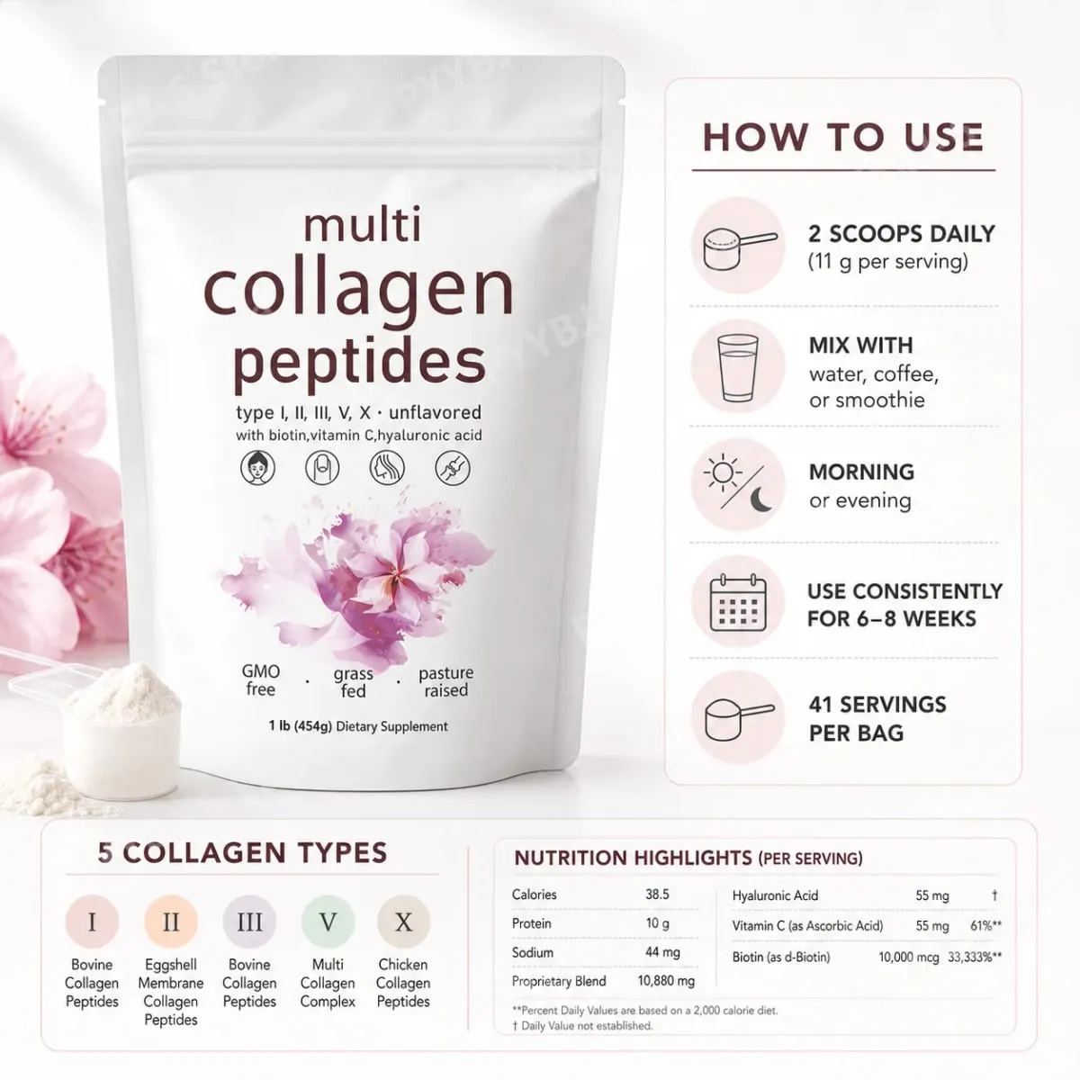 Multi Peptídeos de Colágeno em Pó 454g Mistura de Colágeno Sem Sabor com Vitamina C Biotina Ácido Hialurônico Pele Cabelo Unhas Suporte