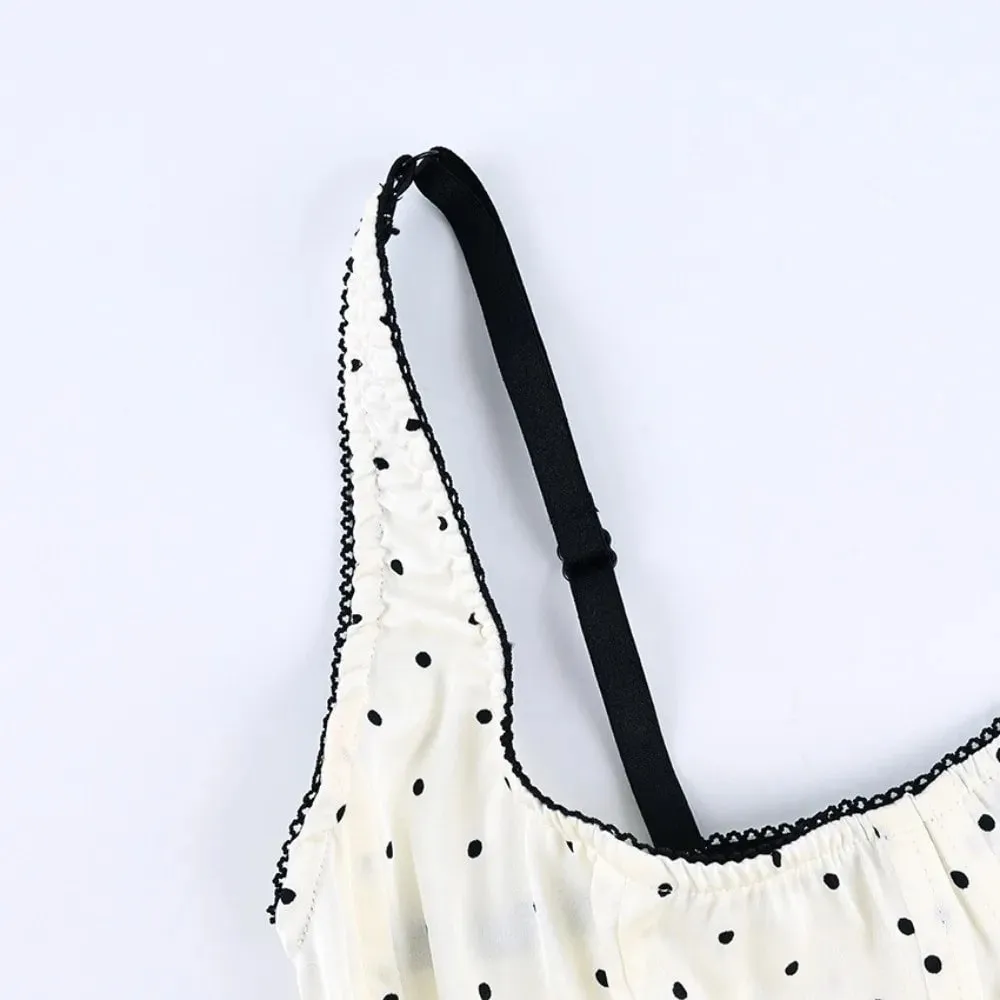 Sexy Spaghetti Strap Polka Dot Tank Top Square Neck Slim Cropped Sleeveless Silk Vest Off-shoulder Lace Camis Female