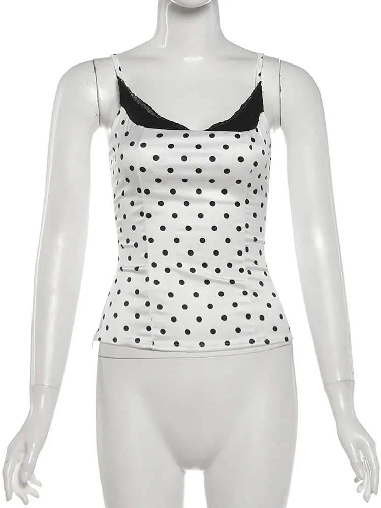 Weird Puss Sexy Lace Patchwork Camisole Women Trend Chic Polka Dot Print Square Collar Skinny Y2K Hottie Street Party Club Vest