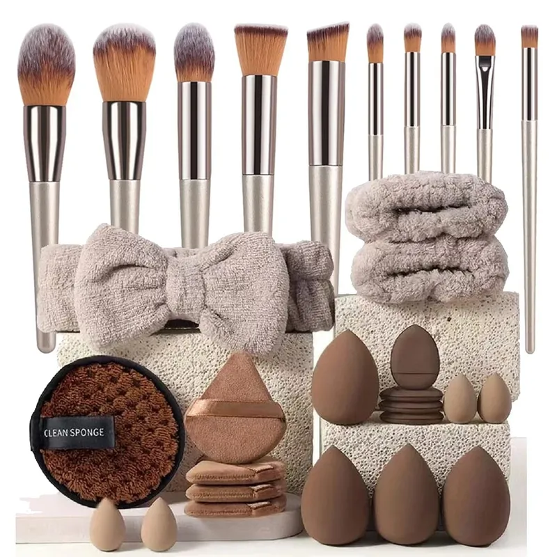 20/40Pcs Makeup Brushes and Sponges Set Brown Makeup Puff Beauty Egg Headband Wristband Remover Kit Makeup Tool Gift