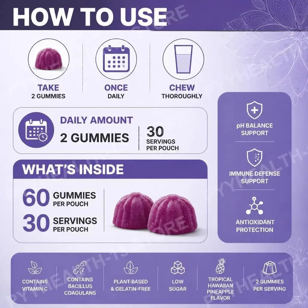 Gomas de saúde vaginal Suporte para equilíbrio de pH com vitamina C e frutas de abacaxi em pó sem gelatina Bem-estar diário 60 gomas