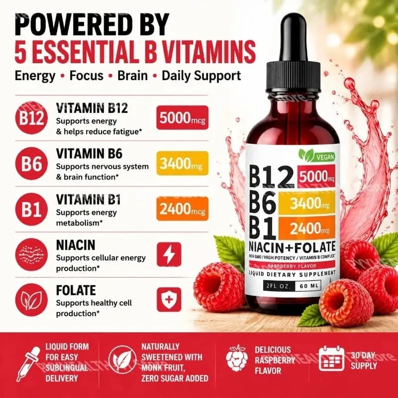 B12 b6 b1 niacina folato líquido sublingual vegan b-complex gotas para energia diária e suporte de foco framboesa para homens mulheres 60 ml