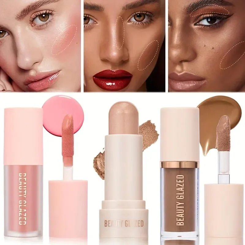 3pcs Face Highly Pigmented Liquid Contour Makeup Set Long Lasting Natural Contour Contouring Bronzer (Contour+Blush+Highlighter)