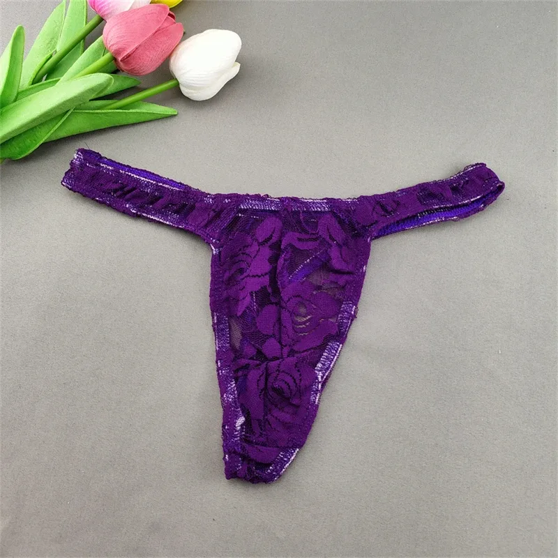 Lace Floral Sexy Men's Underwear Solid Hollow Perspective Thong Comfort Bugle Enhance Sissy G-String Gay Low Rise T-back Panties