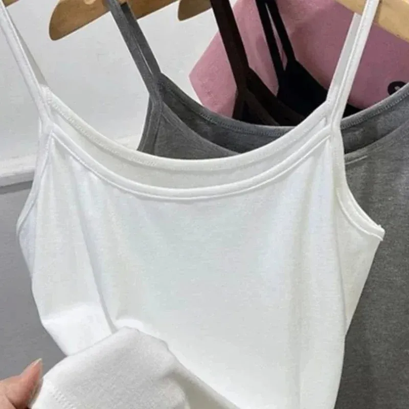 Feminino cor sólida cintas de espaguete sem mangas camisola fina com almofada no peito algodão verão wear fora feminino curto topos coletes