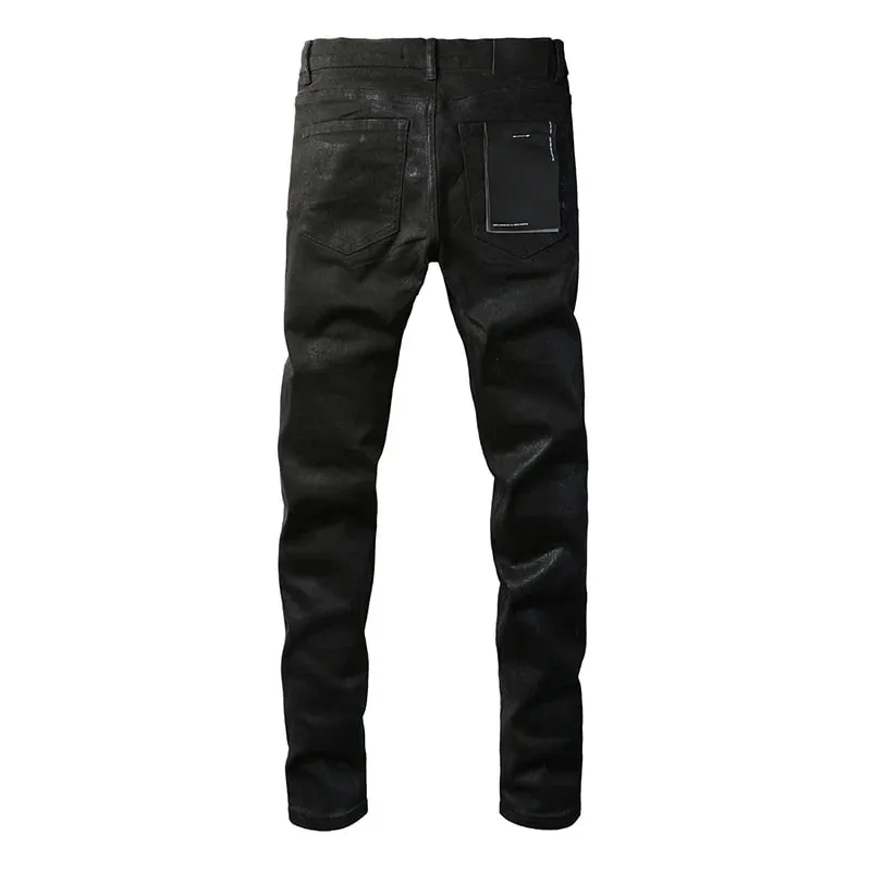 Calça jeans masculina americana High Street desgastada sólida preta revestida de alta elasticidade skinny e slim fit