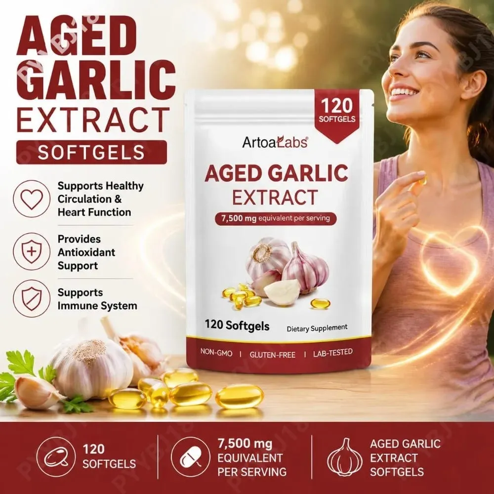 Cápsulas softgel de extrato de alho envelhecido equivalente a 7500 mg por porção para circulação e função cardíaca, antioxidante e suporte imunológico 120Ct — image 1