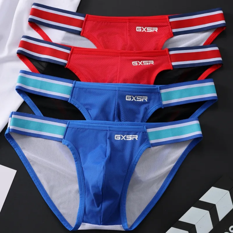 Novo gxsr emenda cintura lateral garfo alto cuecas masculinas com rosca de seda gelo moda cintura baixa esportes hip lift cuecas masculinas