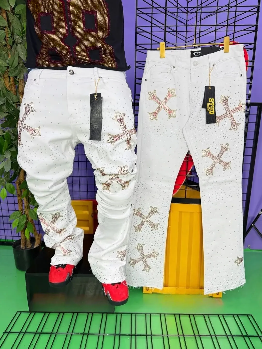 Cruz padrão design branco flash elemento elegante calças jeans baggy diário deslocamento necessário minimalismo calças de brim perna reta