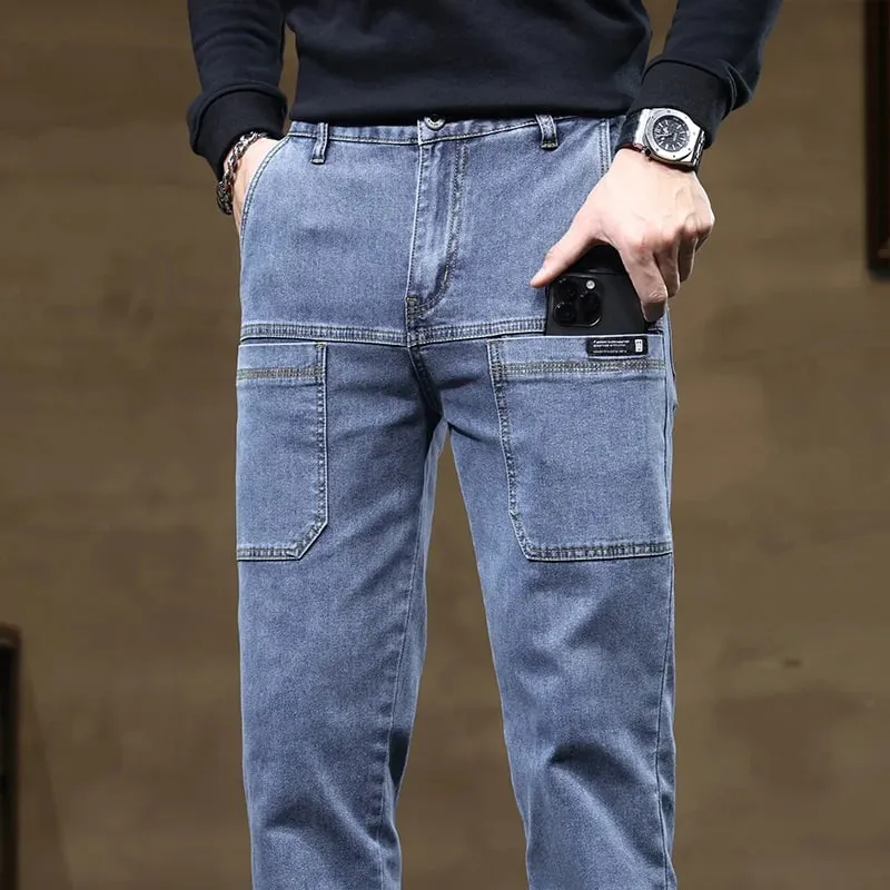 Versatile Six-Pocket Design Jeans Men's Loose Straight Leg Pants Stretchy Comfortable for Outdoor Hiking Activities All Seasons