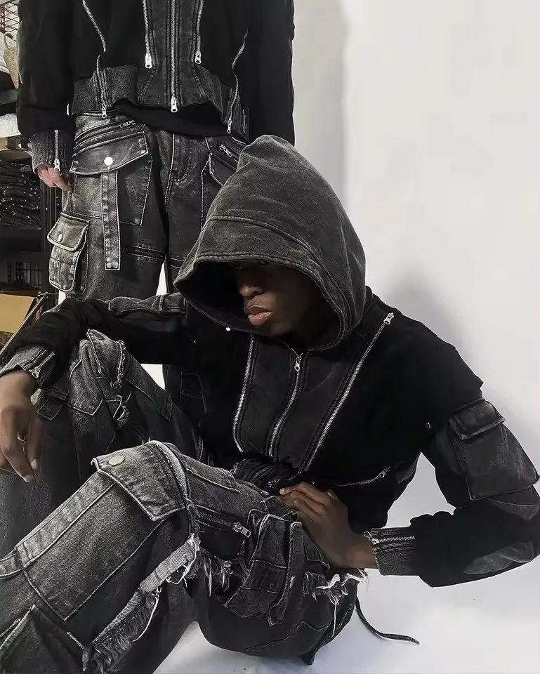 Y2k preto multi bolso carga calças de brim das mulheres dos homens perna larga angustiado bainha desgastada bolsos botão detalhe baggy streetwear calças