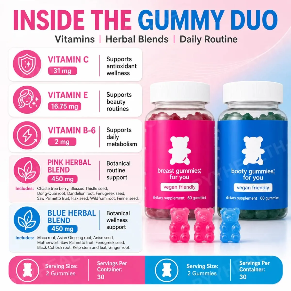 Top&Peach Support Combo Pack Gomas multivitamínicas para mulheres inclui extratos de ervas e vitaminas essenciais sem glúten 60 contagens