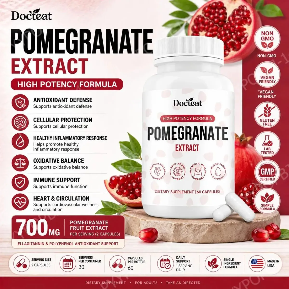 Docteat Cápsulas de Extrato de Fruta de Romã Elagitanino Antioxidante Defesa Suporte Imunológico e Equilíbrio Oxidativo 60 Cápsulas