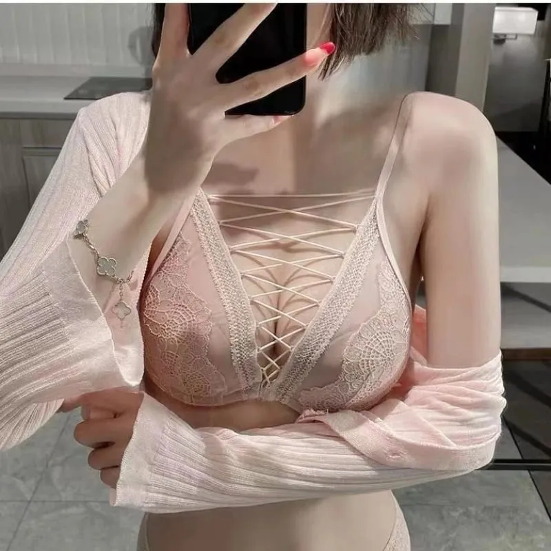 Conjunto de lingerie sexy francês macio underwire push up sutiã para peito pequeno profundo reunir rendas até recorte puro olhar ca moyisu sexy tushy