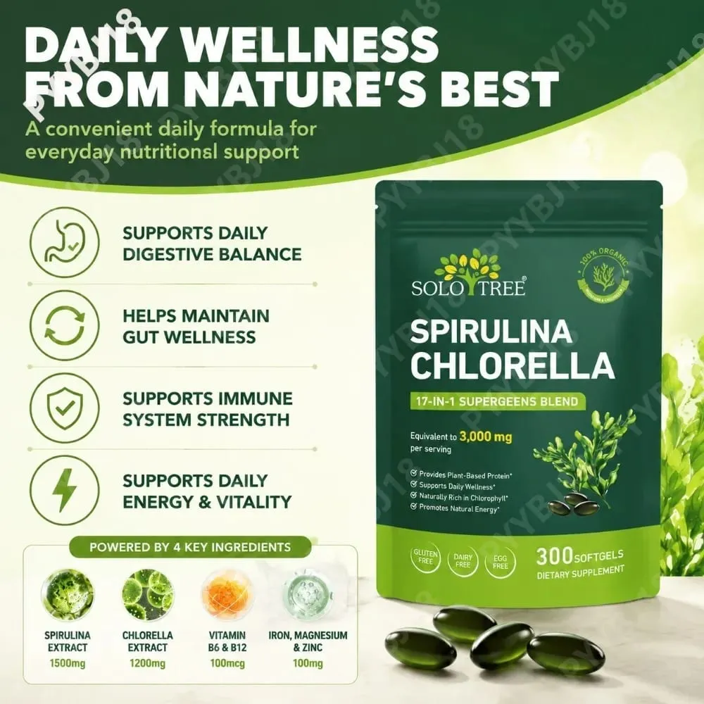 Solo Tree Spirulina Chlorella Softgels com Microalgas Orgânicas Vitamina B6 B12 Equilíbrio Digestivo e Suporte Imunológico 300 Softgels
