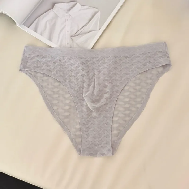 Calcinha de malha fina roupa interior masculina transparente cintura baixa cuecas de seda gelo bolha u convexo bolsa masculina cuecas triângulo masculino
