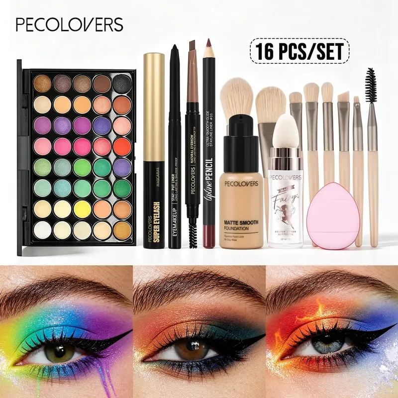 16 PÇS/SET Brilhante Multicolor Sombra de Longa Duração Primer Eye Lip Maquiagem e Pincéis de Maquiagem Suaves para Looks de Festa
