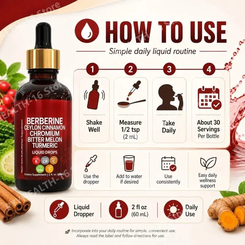 Gotas líquidas de berberina, ceilão, canela, cromo, melão amargo e extrato de cúrcuma, suporte metabólico multi-ingredientes, 60 ml — image 4
