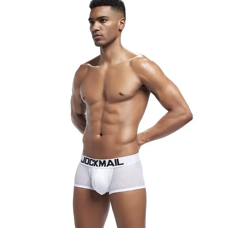 Jockmail Boxers Sexy Mens Panties Mesh Quick-drying Breathable Calzoncillos Solid Color Simple Boxers Hombre Semi-transparent