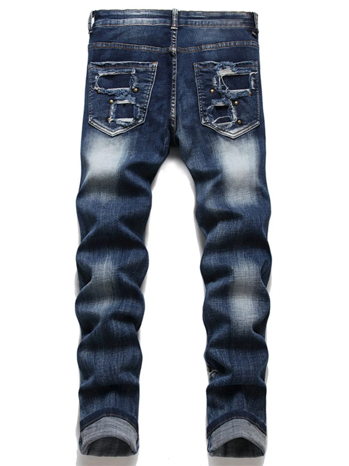 Novo punk jeans masculino com contas de unhas múltiplos buracos retalhos estilo mendigo moda masculina rua personalidade pequena reta